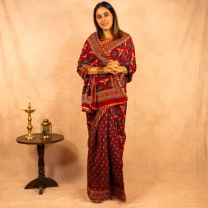 Maroon Navy Blue Pure Crepe Saree - Spoonflower - AmbarTaara Designs