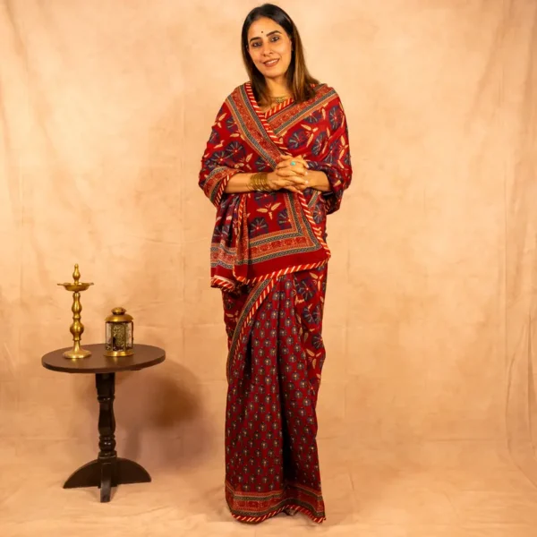 Maroon Navy Blue Pure Crepe Saree - Spoonflower - AmbarTaara Designs