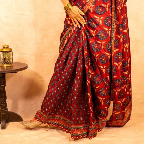 Maroon Navy Blue Pure Crepe Saree - Spoonflower - AmbarTaara Designs