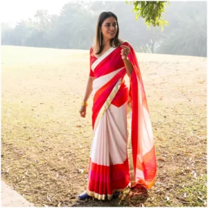 Ivory Red Pink Orange Satin Georgette Saree - Trisha