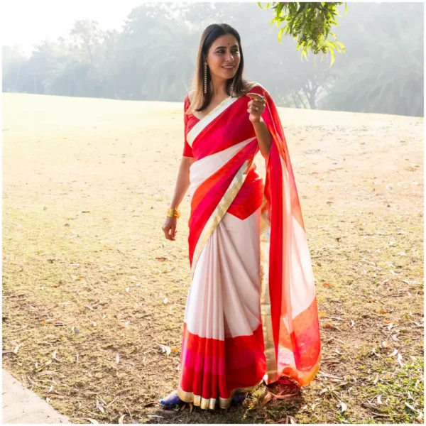 Ivory Red Pink Orange Satin Georgette Saree - Trisha