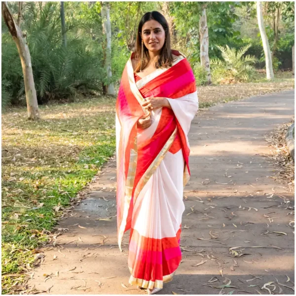 Ivory Red Pink Orange Satin Georgette Saree - Trisha