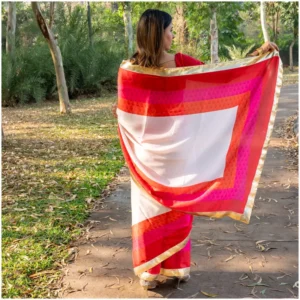 Ivory Red Pink Orange Satin Georgette Saree - Trisha