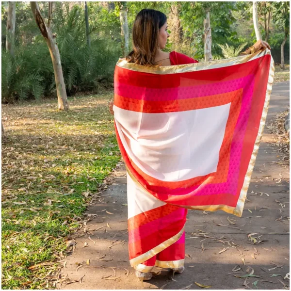 Ivory Red Pink Orange Satin Georgette Saree - Trisha
