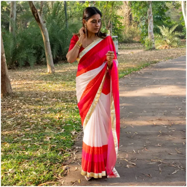 Ivory Red Pink Orange Satin Georgette Saree - Trisha