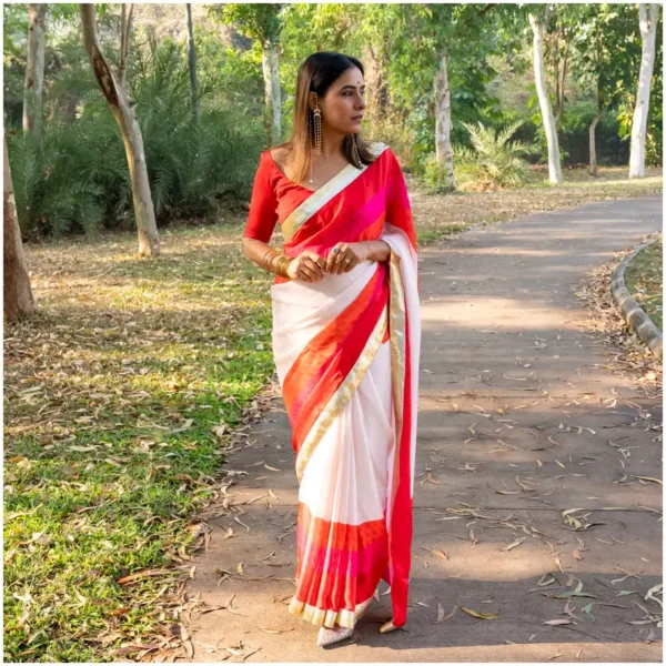 Ivory Red Pink Orange Satin Georgette Saree - Trisha