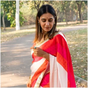 Ivory Red Pink Orange Satin Georgette Saree - Trisha
