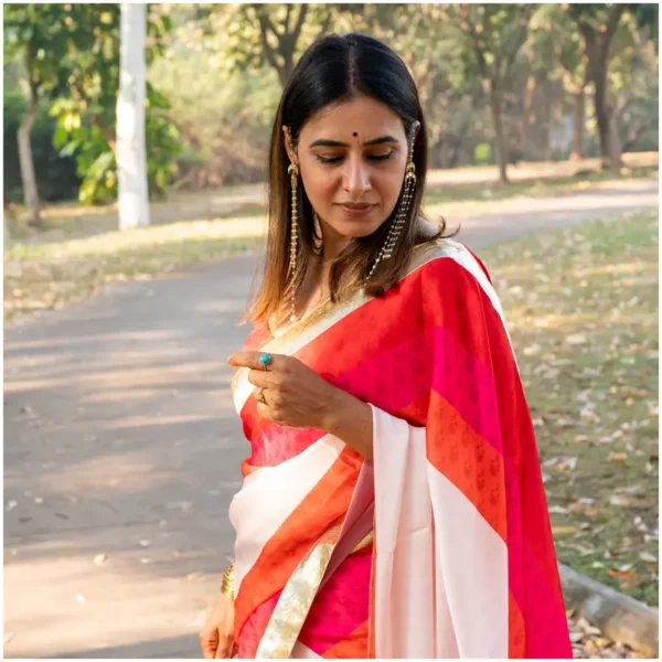 Ivory Red Pink Orange Satin Georgette Saree - Trisha