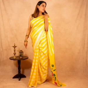 Yellow White Strips Satin Georgette Saree - Bouganvillea - AmbarTaara Designs