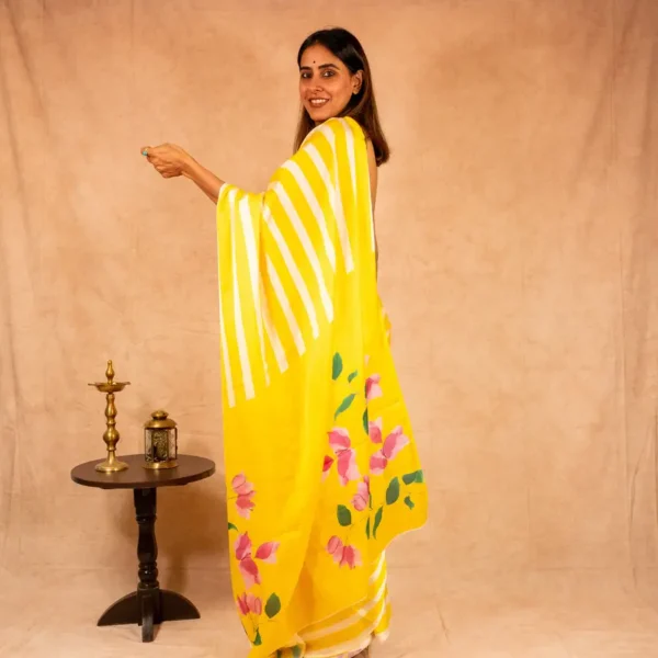 Yellow White Strips Satin Georgette Saree - Bouganvillea - AmbarTaara Designs