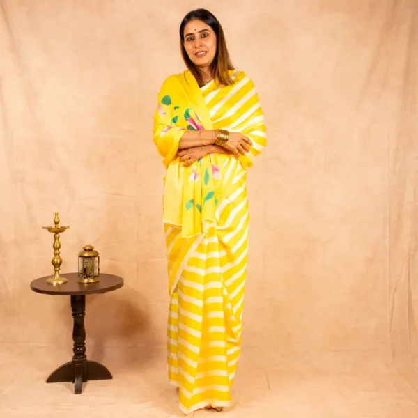 Yellow White Strips Satin Georgette Saree - Bouganvillea - AmbarTaara Designs