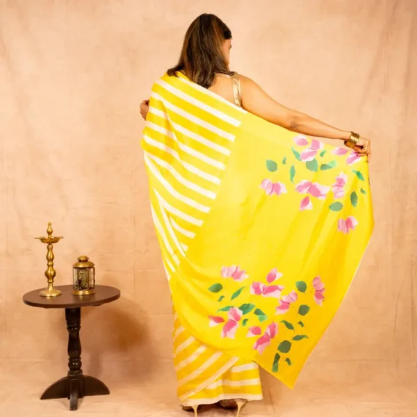 Yellow White Strips Satin Georgette Saree - Bouganvillea - AmbarTaara Designs