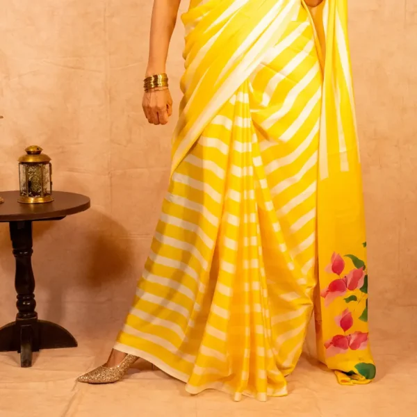 Yellow White Strips Satin Georgette Saree - Bouganvillea - AmbarTaara Designs